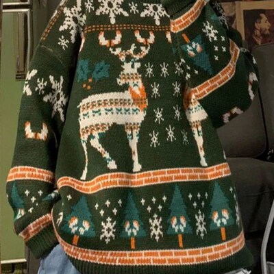Ugly Christmas Sweater O-Neck Deer Knitted Top Men Oversized