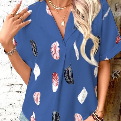 Summer New Womens Polo Neck Feather Print Short Sleeve Top