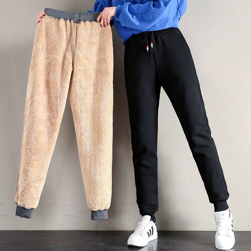 Women Winter Thick Lambskin Cashmere Pants Warm Female Casua