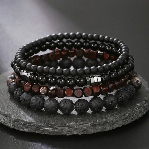 4Pcs/Set Black Gall Stone Volcanic Stone Wood Beads Multi-la