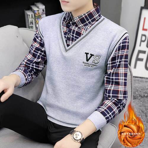 Winter thickened warm shirt collar two-piece business pullov