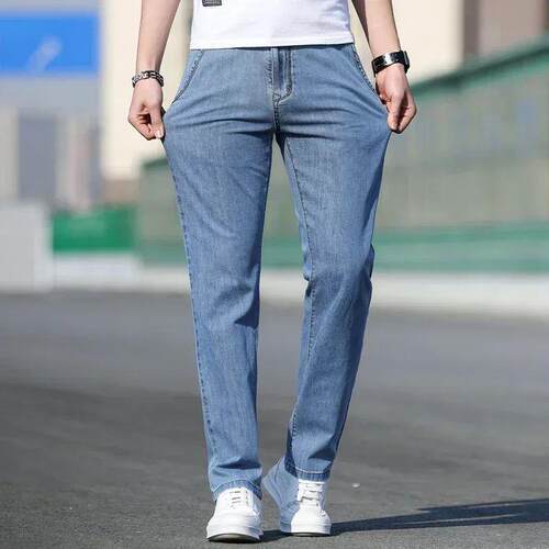 Summer Thin Mens Loose Casual Jeans Gray Sretch Straight Su