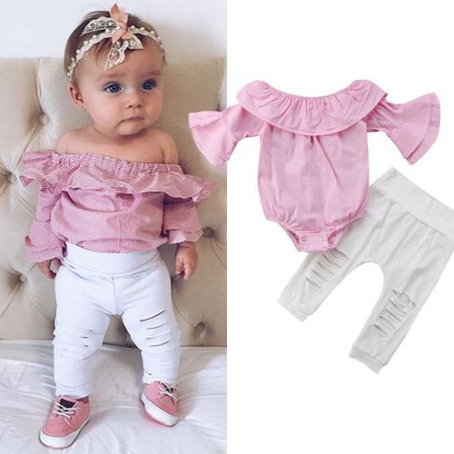 2PCS Baby Girls Clothing Set Girls Off Shoulder Romper +Whit