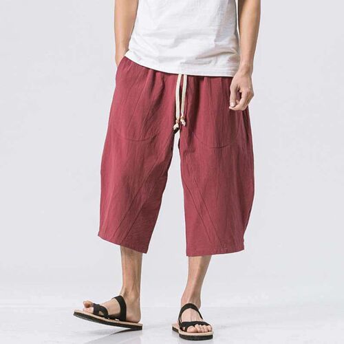 New Cotton and Linen Solid Color Casual Pants Mens Loose Co