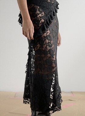 Tossy Lace Ruffled See-Through Maxi Skirt Women Slim Patchwo