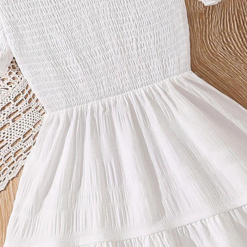 Kids White Dress Summer Off-the Shoulder Shirred-Bodice A-li图片