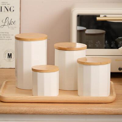 White Striped Ceramic Jar with Airtight Seal Sugar Storage