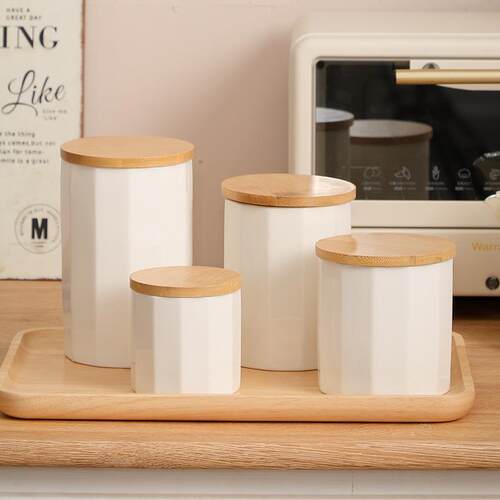 White Striped Ceramic Jar with Airtight Seal Sugar Storage