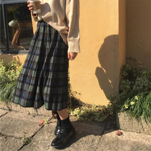 Vintage Wool Pleated Plaid Skirt Women High Waist Plus Size