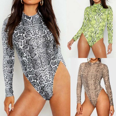 Women Snake Print Long Sleeve O-Neck Romper Top Clubwear Par