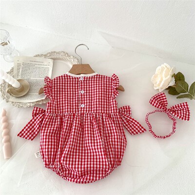 Summer Thin Red Plaid Lace Trimmed Onesie for Baby Girls Sle