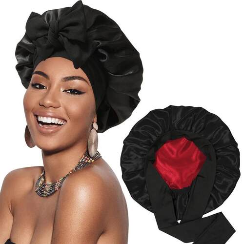New Satin Double Layer Bonnet Solid Wide Tie Band Stretch He
