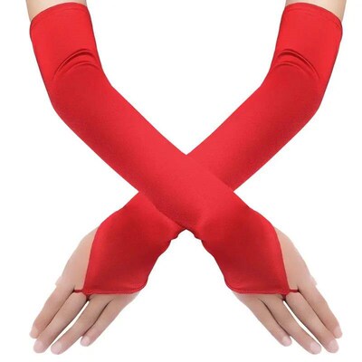 48cm Women Satin Hook Finger Long Fingerless Gloves Solid Re