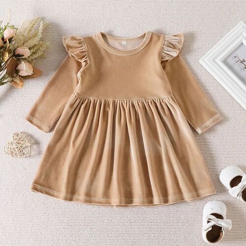 Autumn Solid Color Single-sided  Velvet  Dress for Baby Girl
