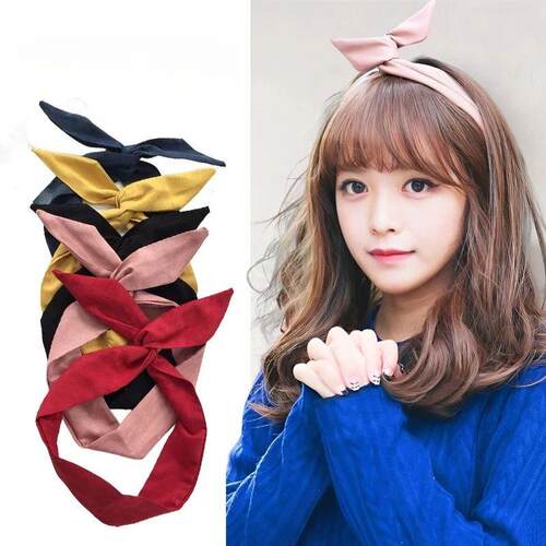 Suede Solid Color Bunny Ear Ribbon Women Headband Hair Ties