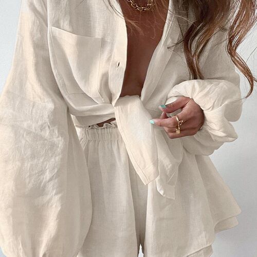 2023 Women Spring Bohemian Shorts Sets Summer Solid White Lo