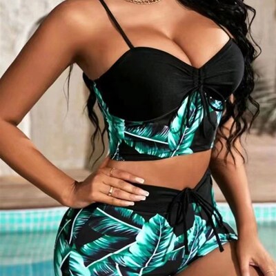 2023 Leaf Batch Swimsuit Women High Waist Bikini Set Drawstr