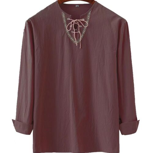 Loose Pure Color Drawstring Long Sleeve Shirt Mens Linen Col