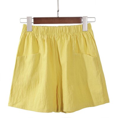 Cotton Linen Shorts Summer Women High Waist Pocekt Solid Loo