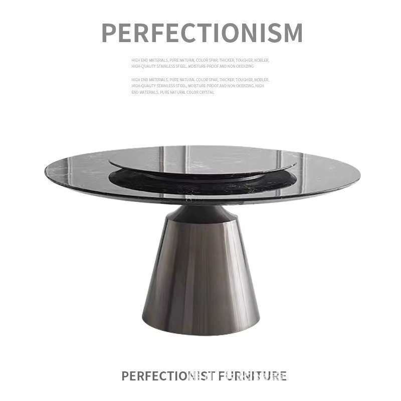 意式极简大理石餐桌现代简约轻奢不锈钢设计师奢石圆形餐桌带转盘
