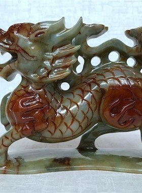 纯手工雕刻整块天然岫玉原石麒麟摆件一对家居客厅玄关吉祥物摆件