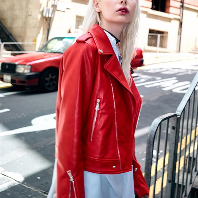 秋冬季PU皮外套女款休闲风皮质长版外套RED配色PU皮大衣适合女装P