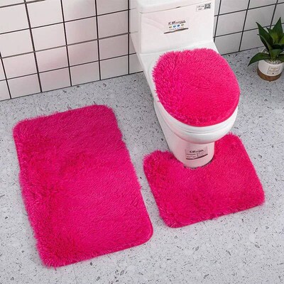 3pc Bathroom Set Rug Mat Toilet Lid ver Plain Solid Color Ba