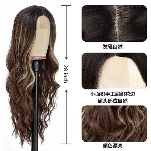 Womens Chemical Fiber Wigs Small Lace Hood Large Wavy Long
