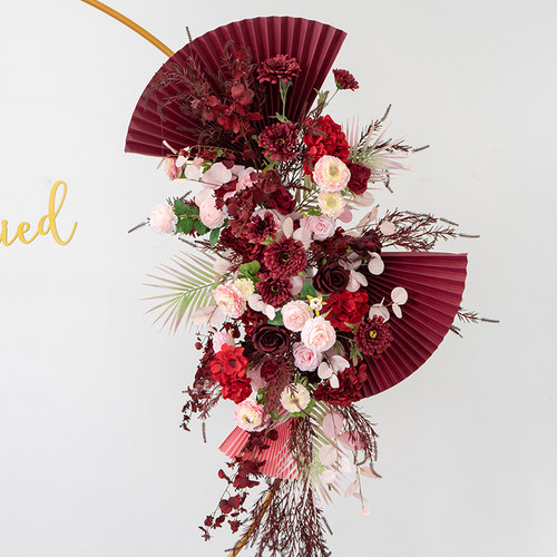 红色系仿真花假花折扇婚礼背景装饰花艺拱门墙面装饰摄影背景