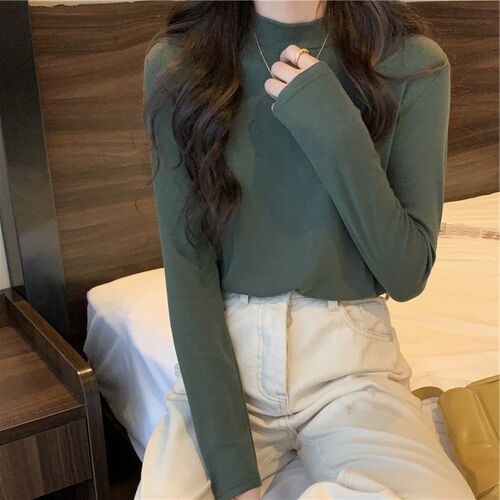Pure Color Derong Half Highneck Base Shirt Women Innerwear A