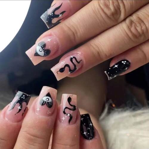 24pcs Long Square False Nails White Edge Black Lines Fake Na