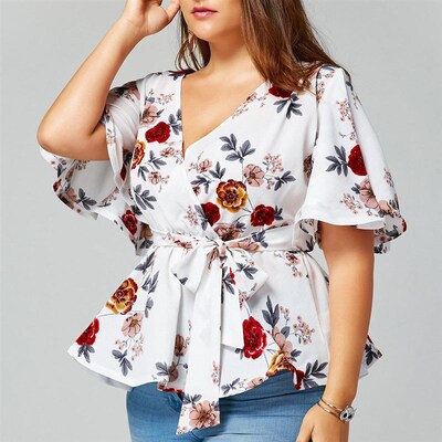 5XL Plus Size Women Tunic Shirt  summer short Sleeve Floral