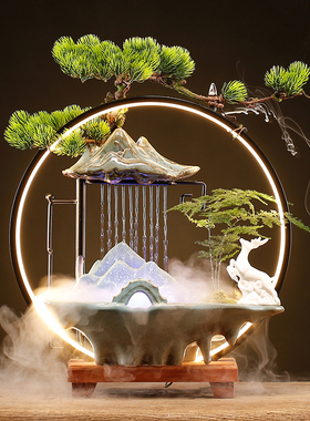 中式招财流水办公室装饰摆件创意家居玄关客厅雾化加湿器开业礼品