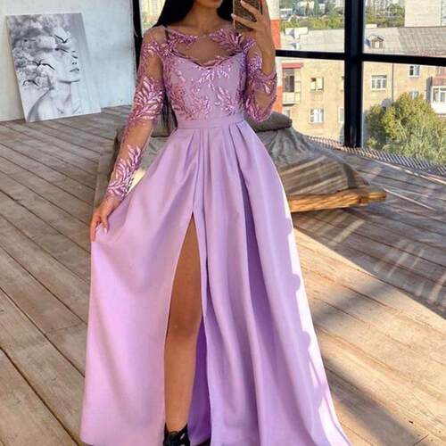 Lace Sleeve High Split Women Dress O-Neck High Split