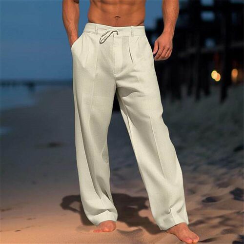 Mens linen long pants beach pants with breathable front
