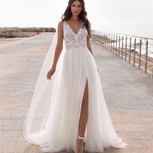 Bohemian Wedding Dress Lace 2021 Split Tank Organza Sleevele