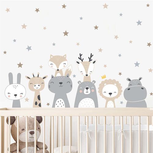 Cartoon Cute Lion Giraffe Animals Stars Wall Sticker Nursery