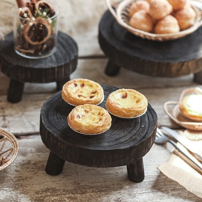 侘寂风实木黑色圆形三脚托盘复古做旧家用茶盘食物摄影搭配道具