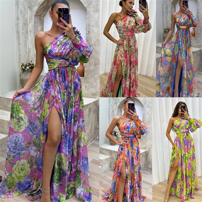 2025 Party Casual Split Dress Ins Loose Multicolor Slant Sho