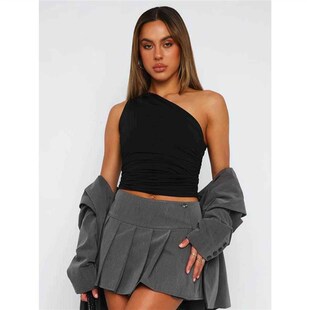 Single shoulder open back pleated vest top T-shirt for women