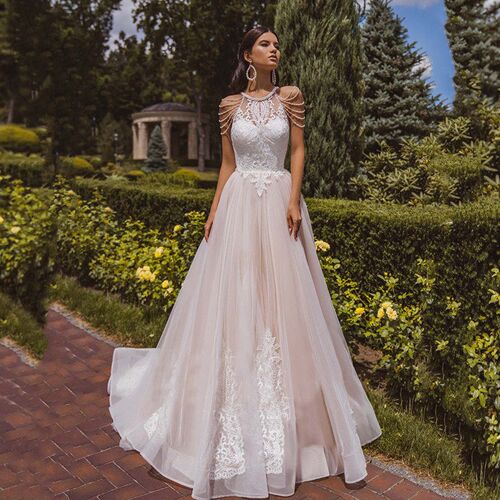 Halter Neck Tulle A Line Wedding Dresses 2022 Lace Applique