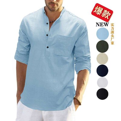 Summer Mens Lightly Mature Long-sleeved Collar Casual Linen