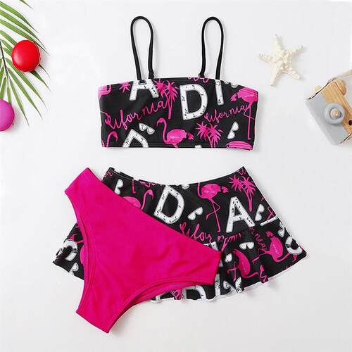 3pack Girl Swimsuit Kids with Beach Skirt Flamingo&Letter Pr