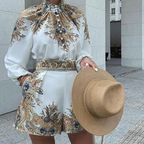 Shorts Suit Women Half High Neck Long Sleeve Fashion Vintage