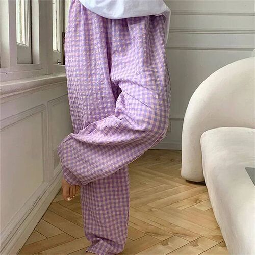 Oversized Plaid Pants Wide Leg Pant for Women Casual Loose E