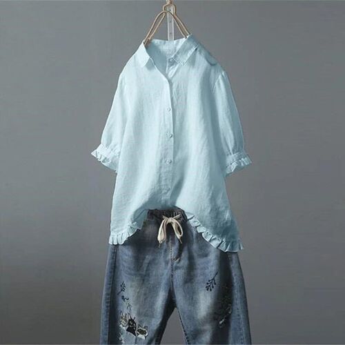 Short Sleeve Shirt Women 2025 Linen Casual One Button Ruffle