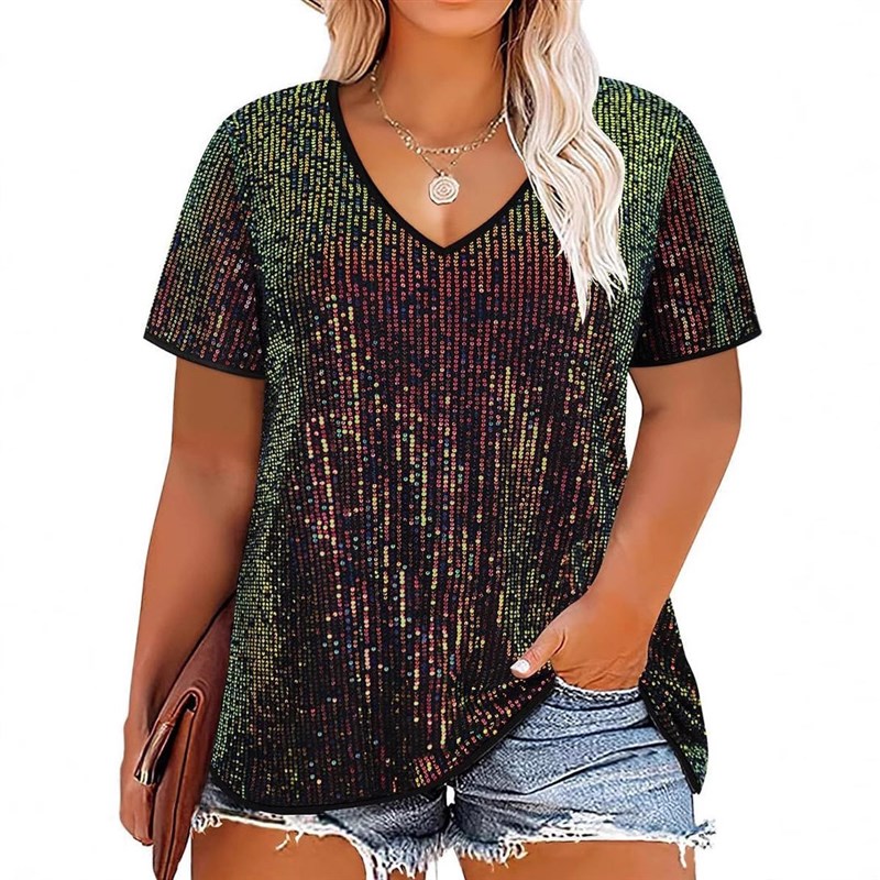 2025 Womens Cross-border Sexy lor Sequin V-neck Short-sleev