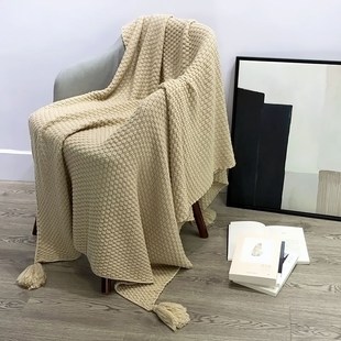 Nordic Knitted Blanket Soild Color Sofa Throw Blanket Tassel