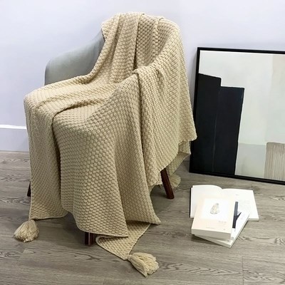 Nordic Knitted Blanket Soild Color Sofa Throw Blanket Tassel