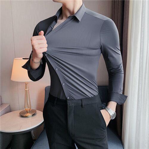 High Elasticity Seamless Mens Shirt Long Sleeve Slim Casual